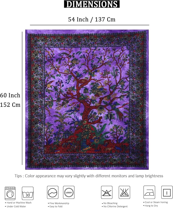 the art box tapestry purple tree of life wall hanging – indian cotton medium bedspread, picnic sheet, wall decor, blanket, wall art for bedroom (60x54 inch)