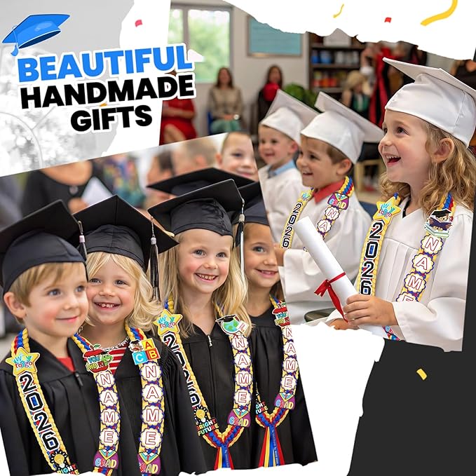 Juexica Kindergarten Graduation Ribbon Leis Class of 2026 Braided Necklace Making Kit with Alphabetic Decorative Cards Preschool Kids Grad Graduation Party Gifts(Red, Yellow, Blue)
