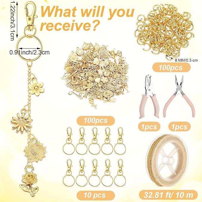 VioraWhite 213 Pcs Lip Gloss Keychain Making Kit 100 Pink Enamel Charms 32.81 ft Gold Chains for DIY Crafts Women(Gold)