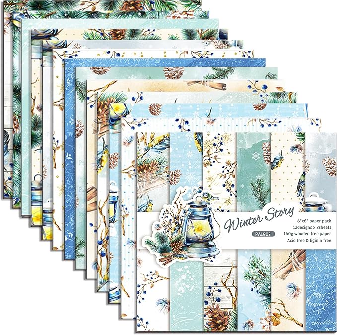 Christmas Pattern Scrapbook Paper, 6 Inch Card Production Supplies, 24 Sheets Single Sided Acid-Free Cardstock Greeting Card, Handmade Gift Journaling Craft Kits (B-style)