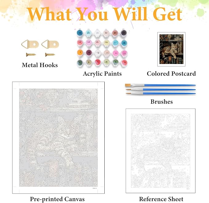 Okarina Paint by Numbers Kit for Adults Beginner Cat, Bookshelf Adult Paint by Number Kits on Canvas, Book DIY Acrylic Oil Painting by Numbers for Adults, Perfect for Home Wall Decor 16X20 Inch
