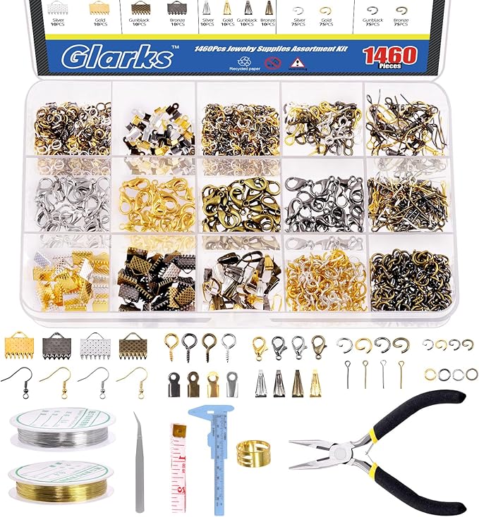 Glarks 1467Pcs Jewelry Making Supplies Kit with Accessories, Jewelry Making Pliers, Beading Wires and Findings for Making and Repair