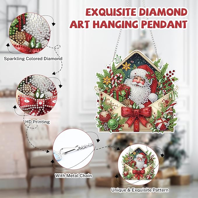 Bowetile Christmas Diamond Art Hanging Kits for Adults, Diamond Art Suncatchers Santa Claus, 5D Special Shape Diamond Painting Pendant Window Ornament Christmas Gifts for Home Door Wall Decor