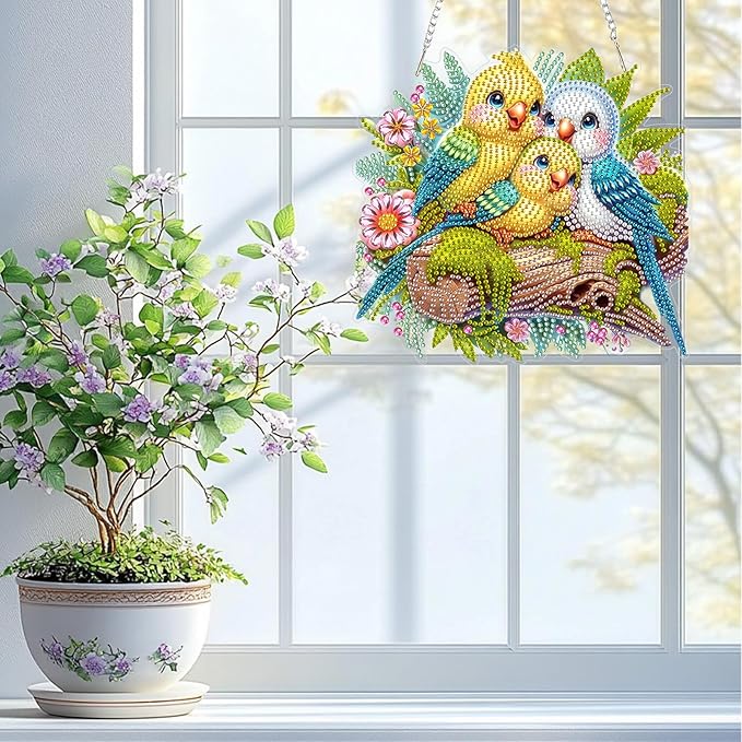 QENSPE Diamond Painting Art Hanging Kits for Adults, 5D Three Birds Diamond Paingting Ornaments with Chain, DIY Flowers Crystal Window Pendants for Home Wall Decor Double Sided Gift 8X8 inch