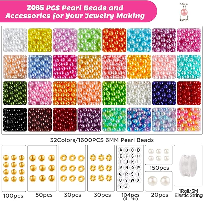 2085pcs Pearl Beads, 32 Colors Colorful Round Beads for Bracelets, Pearl Bead for Jewelry Making, Bracelet Making Kit with Gold Spacer Letter Bead for Crafting Bracelet Necklace Earrings DIY
