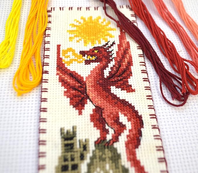 Povitrulya Counted Cross Stitch Kit 'Sun Dragon' - DIY Embroidery Book Marker Set for Adults with Paper Pattern, 16 Count Aida Canvas and Presorted Floss