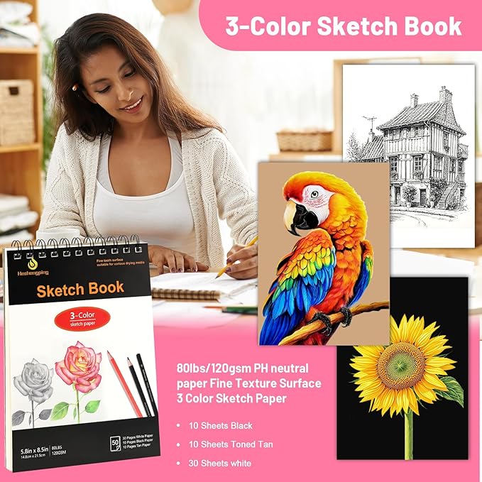 Sketch & Drawing Art Pencil Kit 52 Piece Set, 24 Color Pencil for Coloring Books, Pencil of Graphite & charcoal, 3-color Sketchbook, coloring book Etc, Art Supply Ideal for Adult Student Beginner Teen