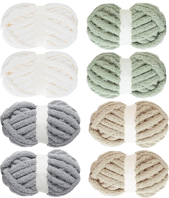 MABOZOO Assorted Chunky Yarn for Crocheting 8 Pack,Fluffy Jumbo Chenille Yarn,Soft Plush Yarn Bulky,Giant Thick Fuzzy Yarn for Hand or Arm Knitting,Cream & Khaki&Sage&Grey(31.7 yds,8 oz Each Skein)