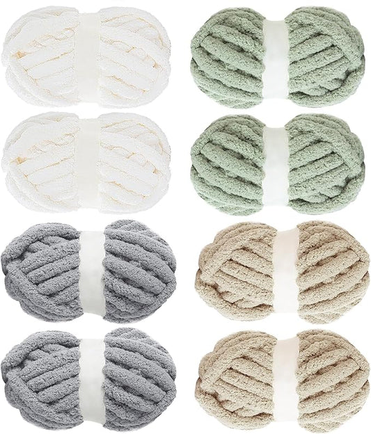 MABOZOO Assorted Chunky Yarn for Crocheting 8 Pack,Fluffy Jumbo Chenille Yarn,Soft Plush Yarn Bulky,Giant Thick Fuzzy Yarn for Hand or Arm Knitting,Cream & Khaki&Sage&Grey(31.7 yds,8 oz Each Skein)