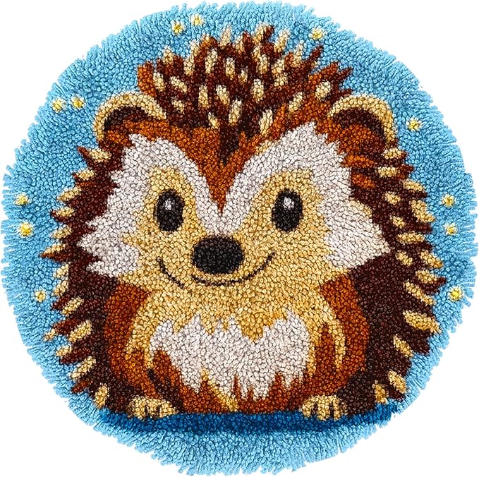 Latch Hook Rug Kit Cute Hedgehog Easy for Beginners Round Shape Carpet Crochet Yarn Craft Mini Rug DIY Hook and Latch Little Tapestry for Home Decor 30x30cm-1