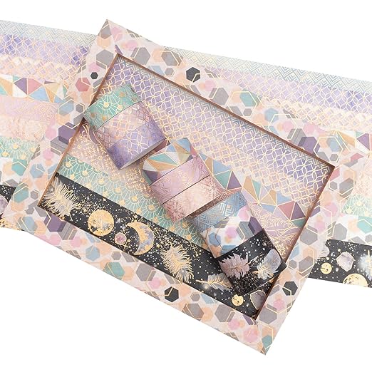 YUBBAEX Mystic Gold Washi Tape Set Wide Silver Foil Masking Tape Decorative for Arts, DIY Crafts, Journal Supplies, Planners, Scrapbook, Card/Gift Wrapping (Geometric Aesthetics)