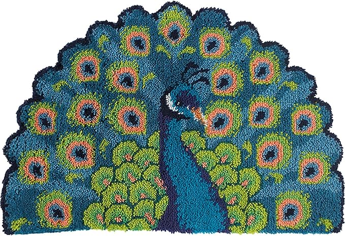 Large Latch Hook Rug Kit for Adults, DIY Crochet Yarn Rugs Tapestry Hooking Needlework Crafts Arts with Color Preprinted Pattern Embroidery for Home Decor,Peacock