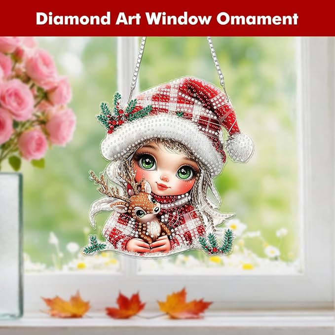 Miwixy Christmas Hanging Diamond Art Kits for Adults,Cute Xmas Deer Special Shaped Crystal Fairy Diamond Painting Ornament Kit DIY Double-Sided Pattern Window Pendant Gem Art Kit for Home Wall Decor