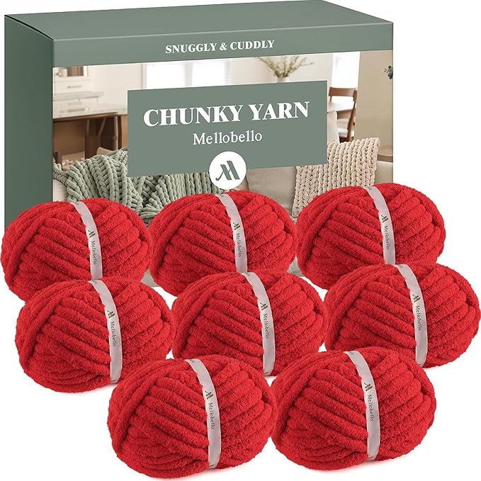 Jumbo Chunky Yarn for Hand Knitting - Super Thick Chenille Chunky Yarn for Crocheting - Extra Soft Bulky Fluffy Blanket Big Yarns 8 Jumbo Pack (27yds,8 oz Each Skein) Red