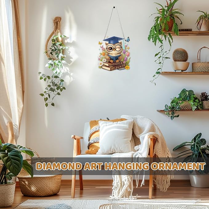MEIYUDA Owl Diamond Art Hanging Kits for Adult, Book Owl Diamond Painting Hanging Kits Ornaments, DIY Special Shaped Rhinestone Window Pendants Kit for Home Garden Wall Decor Gift