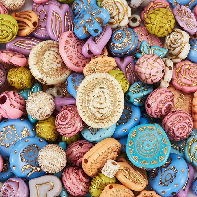Cheriswelry Assorted Acrylic Beads Vintage Beads Bracelet Making Set Flat Round Flower Butterfly Bead Colorful Metal Enlaced Aesthetic Bead Spacers for Necklace Phone Lanyard Jewelry Making (100G)