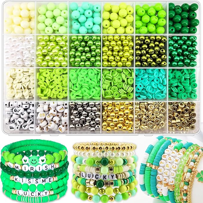 2220Pcs St. Patrick's Day Beads for Bracelets Jewelry Making, Green Assorted Bracelet Making Kit Clay Beads Pearl Beads Acrylic Round Beads Heishi Beads Letter Spacer Beads Bulk for Earrings DIY Craft