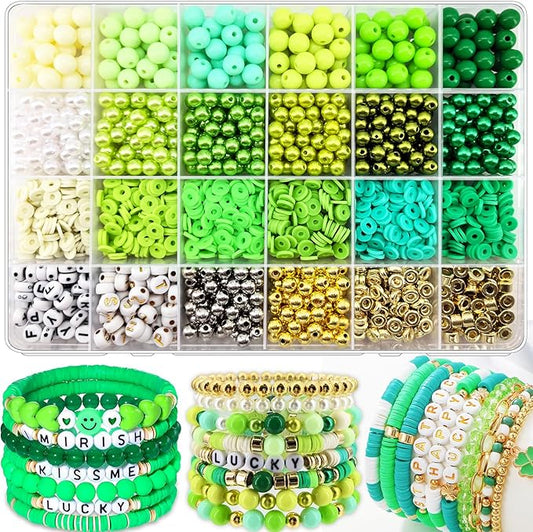 2220Pcs St. Patrick's Day Beads for Bracelets Jewelry Making, Green Assorted Bracelet Making Kit Clay Beads Pearl Beads Acrylic Round Beads Heishi Beads Letter Spacer Beads Bulk for Earrings DIY Craft