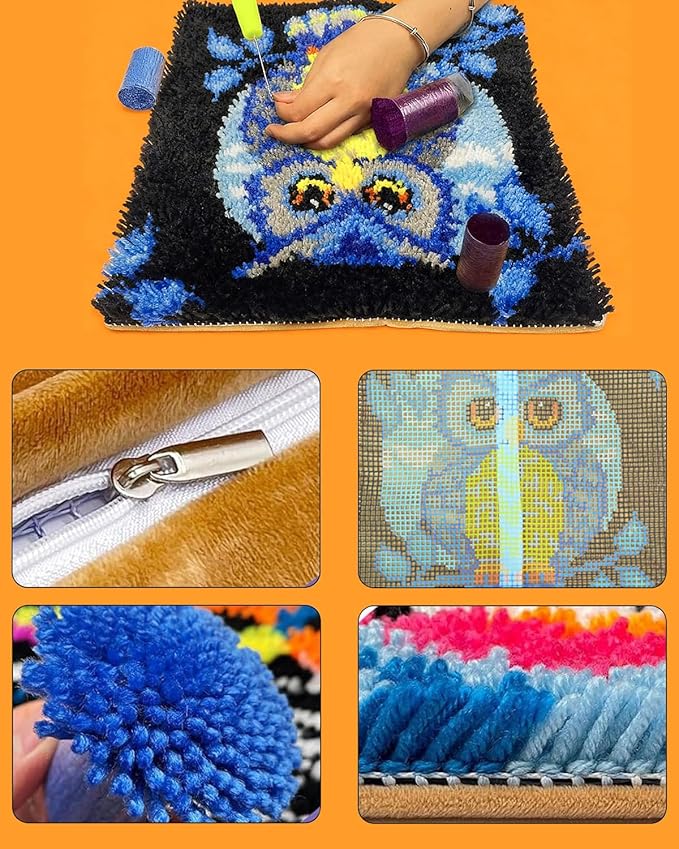 Manzapu Latch Hook Pillow Kits for Adults Beginners, 43cm*43cm Home Decor Pillow Cover Making Kit with Crochet Tool ＆ Precut Yarns and Coded Canvas Christmax Halloween Craft Gifts for Women Mom
