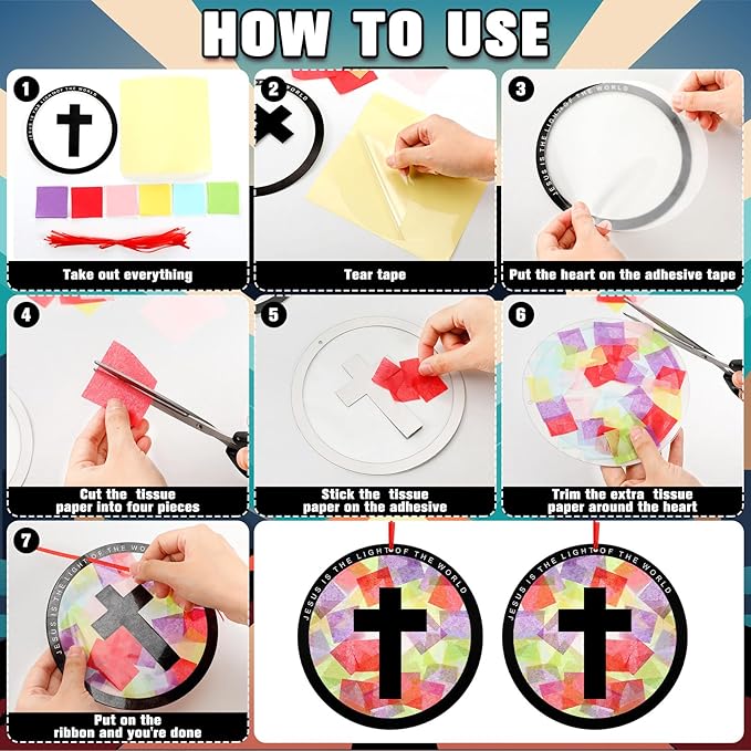 Motipuns 32 Sets Resurrection Easter Ornaments Craft Kit, Christian Religious DIY Cross Suncatchers Stained Glass Effect with Tissue Paper Window Art for Sunday School Church VBS Decor
