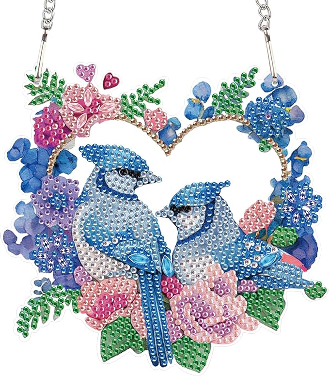 AiYuanzsh Diamond Art Painting Ornament Flowers and Birds Blue Hanging Sign Set Diamond Art Hanging Wall Art DIY 5D Crystal Rhinestone Pendant Kits for Wall Door Window Decorations