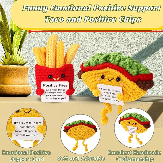 TOYMIS French Fries and Taco, Positive Knitting Food Doll Set Support Plush for Couple Friend Encouraging Toys Gift