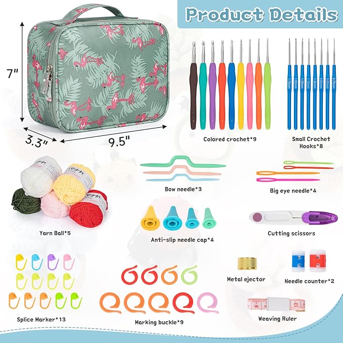 GMAK Crochet Kit for Beginners Adults, 59 PCS Crocheting Sets Include Yarn, Hooks and Tools, Portable Crochet Starter Kit for Making Variety Projects Crocheting Supplies, Blue Flamingo