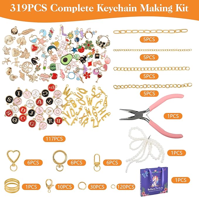 319Pcs Lip Gloss Keychain Making Kit, Including 18 Keychain Clips, 20 Extender Chain, 117 Charms, 150 Jump Ring, 1 Jewelry Plier, Bag Charm Kit, Key Chains Making Supplies for DIY Crafting and Jewelry