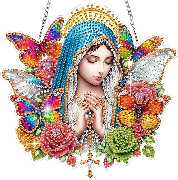 MEIYUDA Virgin Mary Diamond Art Hanging Kits for Adult, Butterfly Virgin Mary Diamond Painting Hanging Kits Ornaments, DIY Special Shaped Rhinestone Window Pendant kit for Home Garden Wall Decor Gift