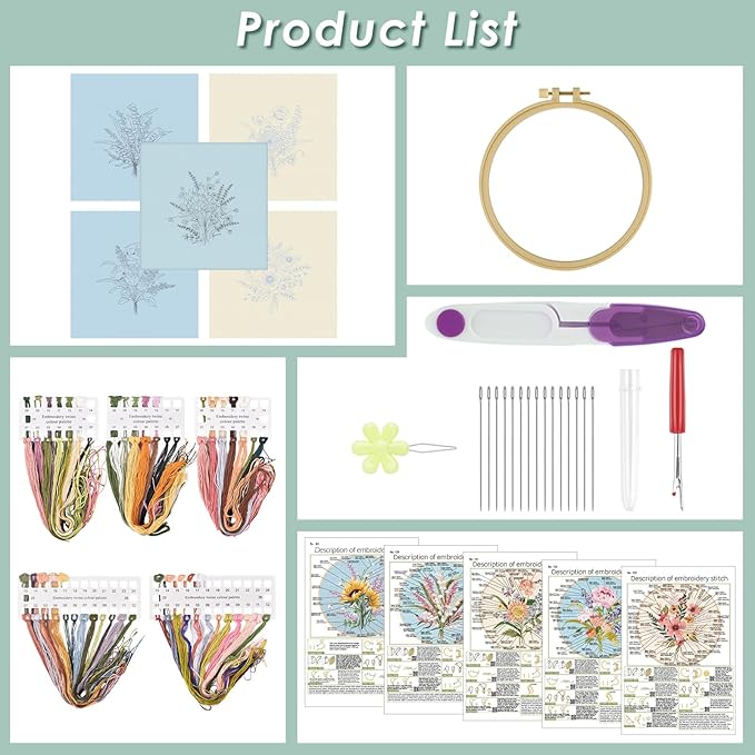 ERKOON Embroidery Kit for Beginners, 5 Sets Flower Cross Stitch Set for Adults Include Embroidery Cloth Hoops Threads for Craft Lover Hand Stitch with Skill Techniques (Bouquet)