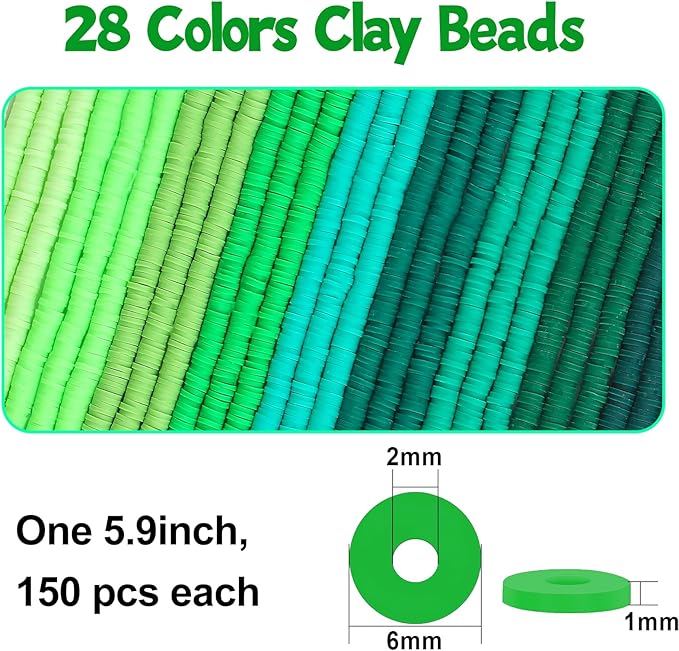 JMUQ 28 Strands Green Clay Beads Bracelet Making Kit, Friendship Preppy Flat Polymer Clay Heishi Beads for Bracelets Jewelry Making Kit, DIY Arts and Crafts Gifts
