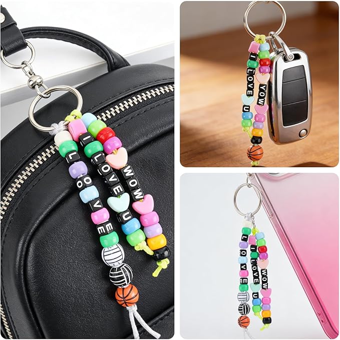 wobiogho 675 pcs diy keychain making kit with letter beads & heart beads, personalized beaded key rings and accessories for bracelets, necklaces, backpacks & gifts