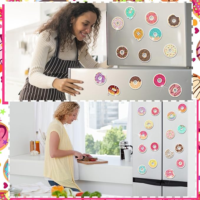 30 Pcs Diamond Art Painting Magnets Fridge Magnetic Diamond Art Painting Kits Fridge Sticker Magnet DIY Craft for Adult Beginner Gifts Toy Home Office Decors(Donut)