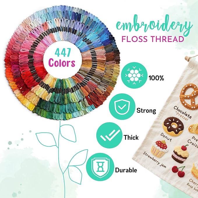 athena’s elements embroidery floss | rainbow thread for embroidery, cross stitch thread, crafting arts embroidery strings bulk with needles plus white and black floss（447 colors）