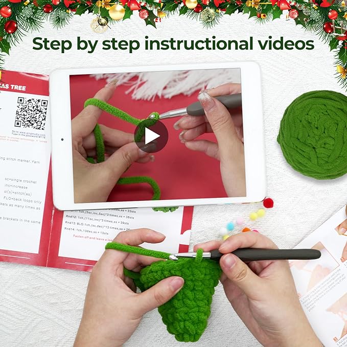 Crochet Set - Beginner Friendly Crochet Set with Step-by-Step Teaching Videos and Crochet Pattern Manuals (Ice Striped Yarn Christmas Tree)