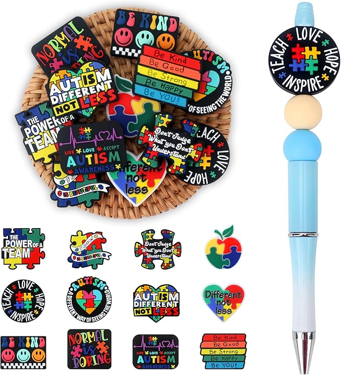12pcs Autism Silicone Focal Beads, Focal Beads for Pens，Keychain Making, Bracelet, Necklace Crafts, Bulk for DIY（Autism）