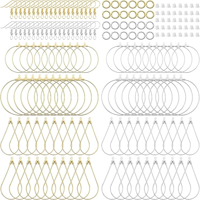 380pcs hypoallergenic earring making kit, jewelry making earrings supplies with teardrop round beading hoop,earring hooks,jump rings,earring backs for diy earring craft(2 colors, 2 sizes)
