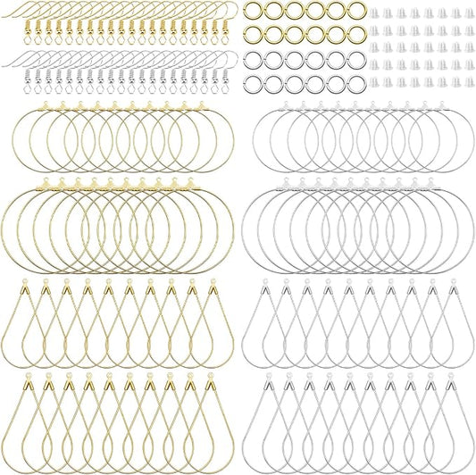 380pcs hypoallergenic earring making kit, jewelry making earrings supplies with teardrop round beading hoop,earring hooks,jump rings,earring backs for diy earring craft(2 colors, 2 sizes)