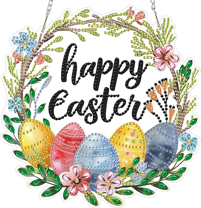 NEWENMO Happy Easter Day DIY Hanging Diamond Art Pendant Kit, Special Crystal Diamond Painting Ornament Kit for Adults Beginners, Double Sided Acrylic Board Gem Painting Box Kits, Colored Easter Eggs
