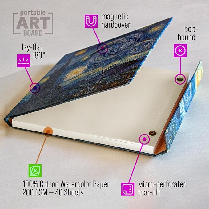 Watercolor Paper Pad — Magnetic Hardcover — 100% Cotton Watercolor Paper, Cold Press 200 GSM — 40 Sheets — Lay-Flat Watercolor Sketchbook — Art Supplies — KIROSKETCH (Starry Night 8,5x7,7 in)