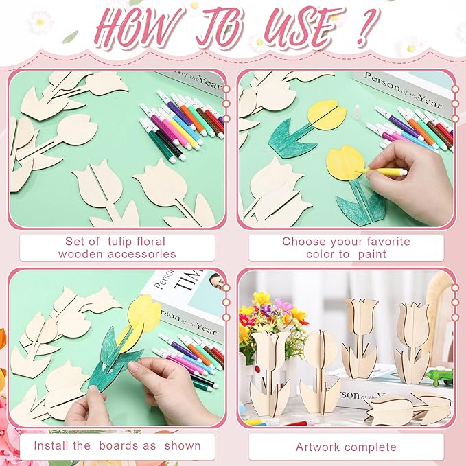 MotiMind 60 Pcs Spring Crafts Set 48 Pcs 3D Wooden Flower Cutouts Unfinished Tulip Slices Wood Daisy to Paint with 12 Colored Pens for Mother's Day Summer Floral Handmade Craft DIY Project