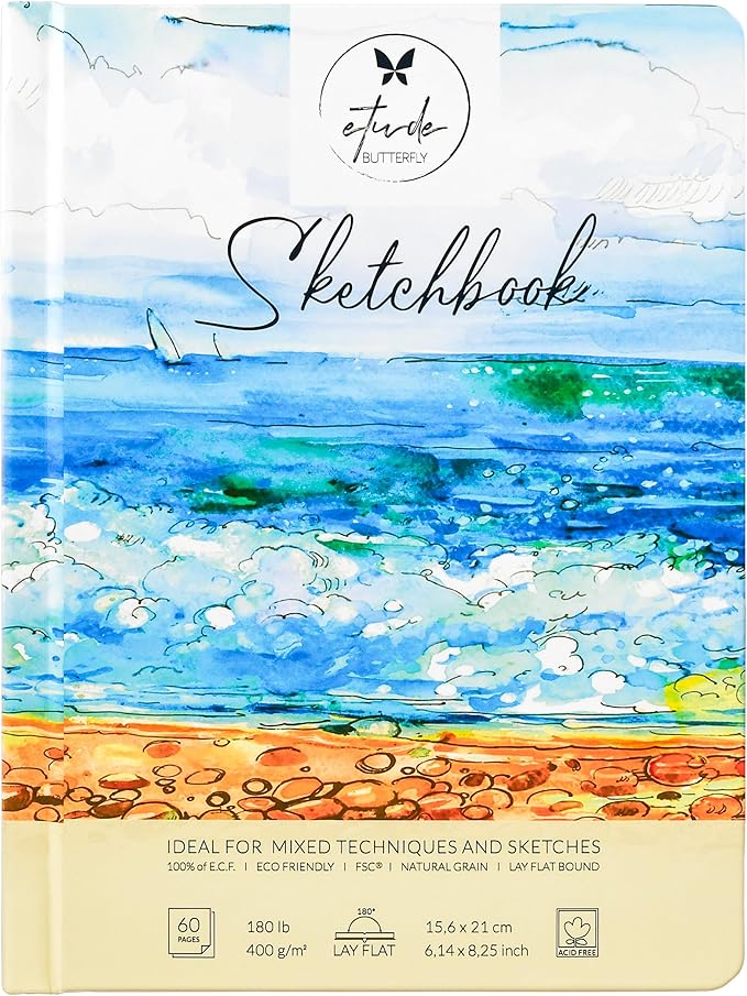 Mixed Media Sketch Book Hardcover 60 Pages Thick 400 GSM / 180 lb Acid Free Paper Lay Flat Bound for Drawing Painting 6,14“ x 8,25“ for Kids and Adults Beginners and Professionals Eco Friendly