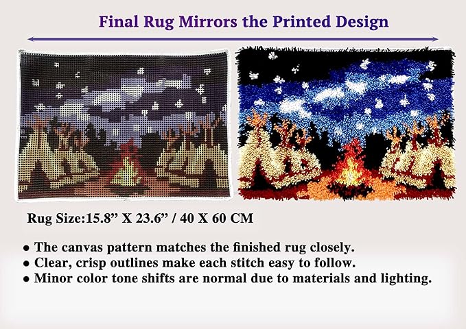 Campfire Night Latch Hook Kit –Cozy Tent Scene Under Starry Sky | DIY Rug Making Kit for Adults & Beginners | Pre-Printed Canvas, Soft Yarn & Anti-Slip Backing23.6''x15.8'' (Starlit Campfires)