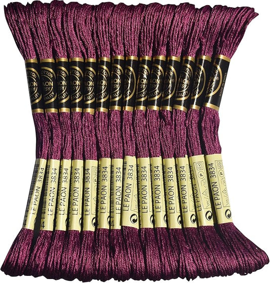 LE PAON Embroidery Floss, 14-Pack Six Strands 100% Long Staple Cotton Embroidery Thread, 8.7-Yard，Color Number：3834,Dark Grape