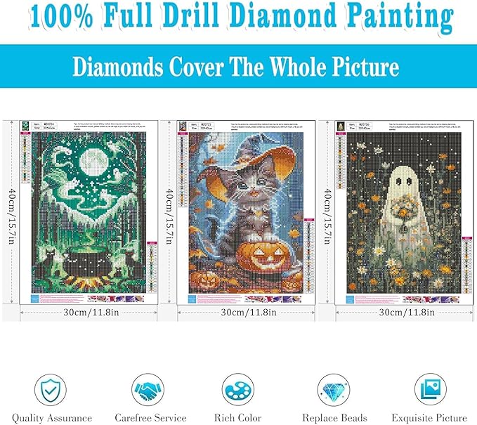Meothan Halloween Diamond Art Kits for Adults, 3 Pack Ghost and Cat Diamond Painting Kits for Adults, 5D DIY Round Full Drill Gem Art Paint by Diamonds Dots Crafts Kits for Home Decor Gift 12x16inch