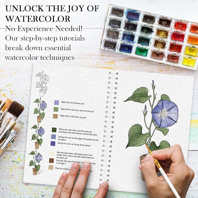 Watercolor Workbook, Watercolor Workbook Paint Book Beginner Friendly, 12 Different Patterns Stress-Relieving Art Crafts for Creative Exploration Gift for Women Adults Teens (Flower, 1)