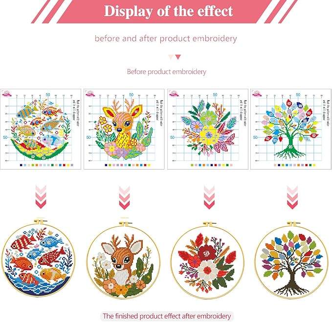 Zhenqing 4-Piece Nature Themed Cross Stitch Kit - Deer, Tree, Fish & Flower Designs with Pre-Printed 11CT Fabric, Hoop & Tools for Beginners (69180)