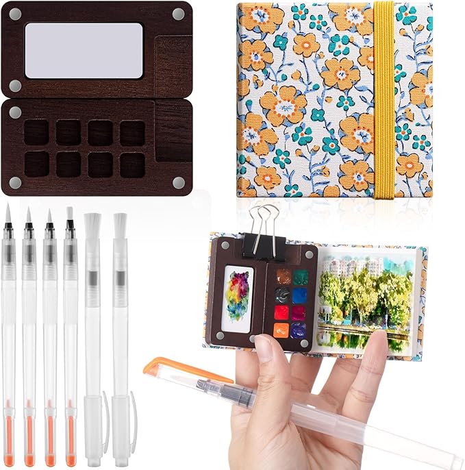 Qilery Mini Portable Watercolor Palette Set Wooden Grid Paint Box Watercolor Paper Sketch Book Brush Pens with Binder Clip for Painters Artist Not Include Paint(Sunflower)