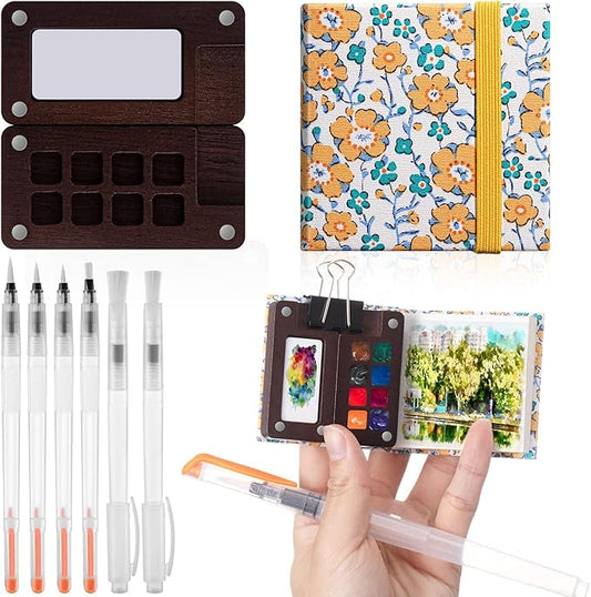 Qilery Mini Portable Watercolor Palette Set Wooden Grid Paint Box Watercolor Paper Sketch Book Brush Pens with Binder Clip for Painters Artist Not Include Paint(Sunflower)