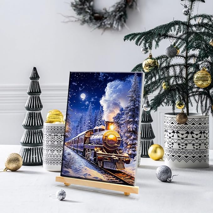JOOZ Christmas Paint by Numbers Kit for Adults with Frame Train Paint by Number with Easel Christmas Tree Adult Paint by Number Kits Framed DIY Moon Oil Painting Kits for Home Wall Decor 8x12 Inch